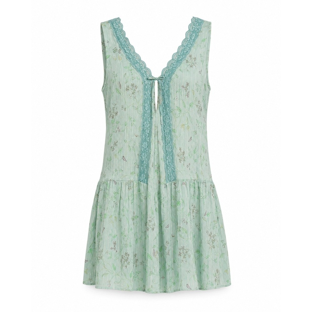Y2K Free People Women Green Floral Lace Trim Sleeveless Mini Slip Dress Size M